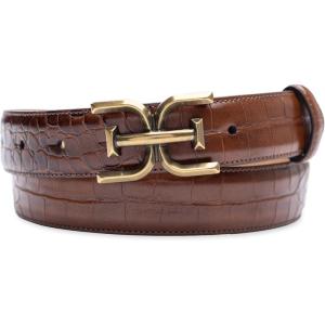 imageSam Edelman Womens Fashion DoubleE Plaque Logo Buckle Slim Textured Belt for Jeans Dresses and TrousersBrown Croc
