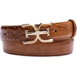 imageSam Edelman Womens Fashion DoubleE Plaque Logo Buckle Slim Textured Belt for Jeans Dresses and TrousersTan Croc