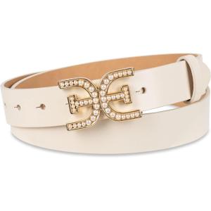 imageSam Edelman Womens Imitation Pearl Embellished DoubleE Logo Plaque Buckle Leather Belt for Jeans Dresses and TrousersIvory